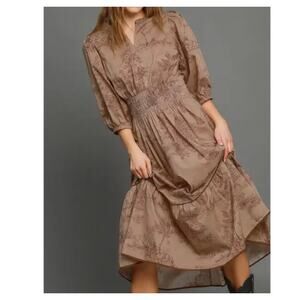 Umgee Women's Boho Landscape Smocked Waist Midi Dress Small Tan Brown